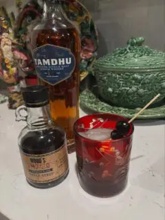 Holiday Decorating X Old Fashioned mash up-  15 year scotch from Scotland instead of Brandy ( I am from Wisconsin ) and smoked maple syrup from Maine instead of Demerara sugar. Yummy!